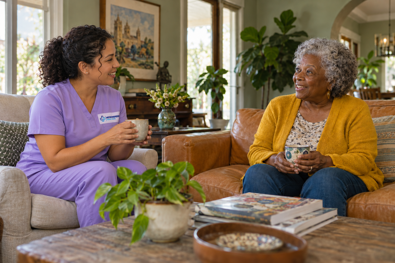 Illustrative Latina companion in branded lavender scrubs chatting with an older Black woman